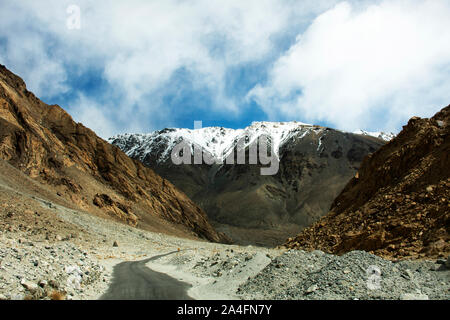 View landscape with Himalayas mountains and between Diskit - Turtok Highway and Pangong lake road go to Pangong Tso high grassland lake while winter s Stock Photo