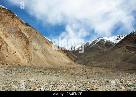 View landscape with Himalayas mountains and between Diskit - Turtok Highway and Pangong lake road go to Pangong Tso high grassland lake while winter s Stock Photo