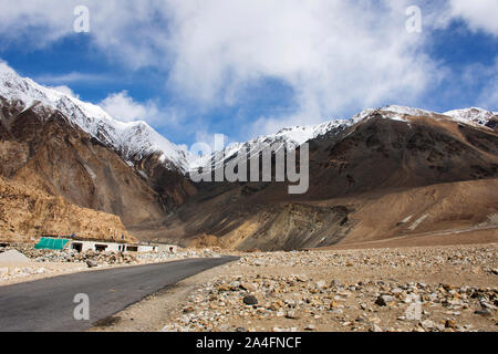 View landscape with Himalayas mountains and between Diskit - Turtok Highway and Pangong lake road go to Pangong Tso high grassland lake while winter s Stock Photo