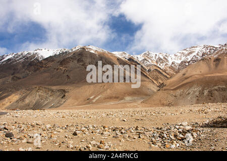 View landscape with Himalayas mountains and between Diskit - Turtok Highway and Pangong lake road go to Pangong Tso high grassland lake while winter s Stock Photo