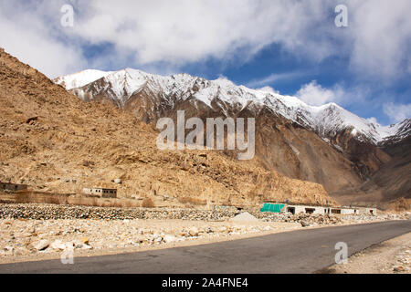 View landscape with Himalayas mountains and between Diskit - Turtok Highway and Pangong lake road go to Pangong Tso high grassland lake while winter s Stock Photo