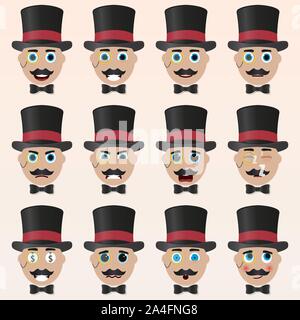 Set of cute magician emoticons. Various emotions of the character. Set of avatar icons. Vector illustration. Stock Vector