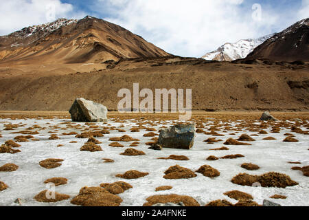 View landscape with Himalayas mountains and between Diskit - Turtok Highway and Pangong lake road go to Pangong Tso high grassland lake while winter s Stock Photo