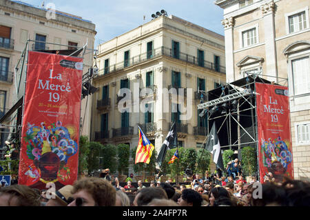 The stage at the human towers event for La Merce 2019 at Placa de Sant Jaume in Barcelona, Spain Stock Photo