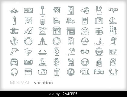 Set of 50+ vacation line icons for travel, flying, cruise, beach vacation, and road trip Stock Vector
