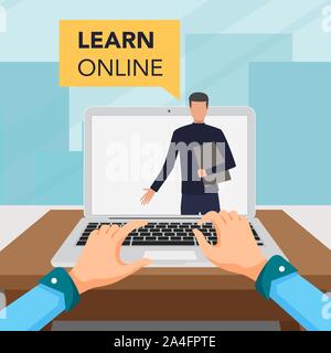 Learning online concept for online school. Vector laptop on blue background Stock Vector