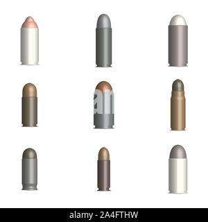 Set of photorealistic gun cartridges with a bullet, isolated on white background. Front view, vector illustration. Stock Vector