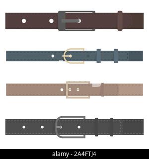 Set of different colored belts isolated on white background. Element of clothing design. Flat style, vector illustration. Stock Vector