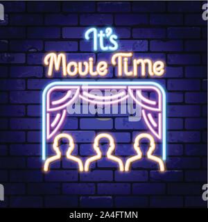 Cinema and Movie time neon signboard Stock Vector