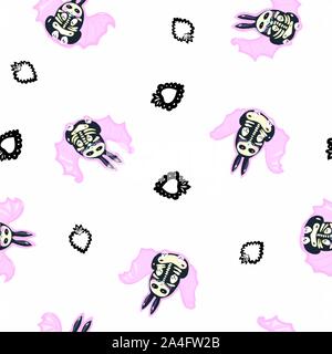 Seamless vector day of the dead kawaii pattern with hand drawn bat bunnywith burning heart. Funny and happy design for your perfect party. Stock Vector