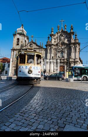 Porto, Portugal - September 14, 2019 - Tram car in front of Carmo and Carmelitas churches. Stock Photo