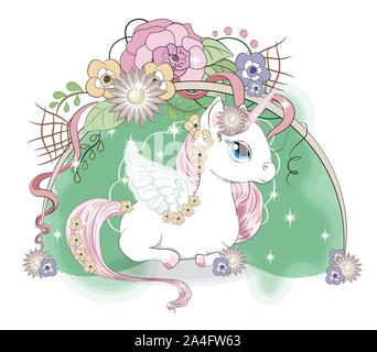 Magic white unicorn with wing. pink mane and tail, and blue eyes, in flower garden. The picture in hand drawing style, can be used for t-shirt print, Stock Vector