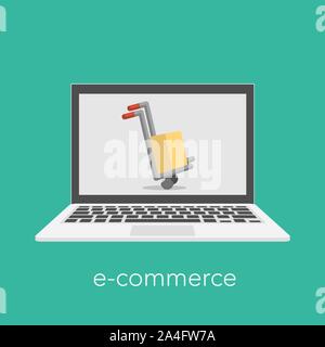 E commerce concept with a shopping box on the laptop screen. Stock Vector