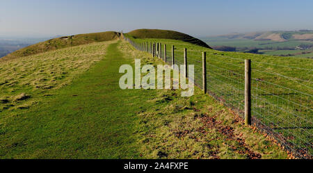 The Giants Grave historic earthwork overlooking the Pewsey Downs and the Vale of Pewsey Stock Photo