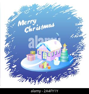 Isometric Christmas Decorated Houses with Tree and Snowman. 3d flat illustration Stock Vector