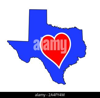 Outline map of Texas in red white and blue with love heart motif Stock Vector