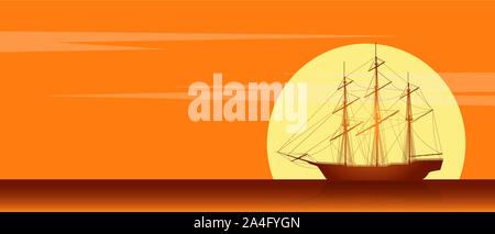 Old sailing ship silhouette. Landscape with old sailing ship in the sea Stock Vector