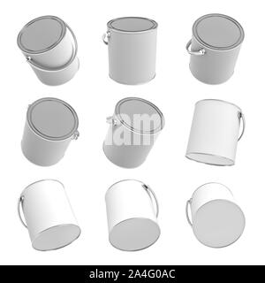 3d rendering of many still paint buckets with handles and closed lids isolated on a white background. Home improvement. Renovation supplies. Stocking Stock Photo