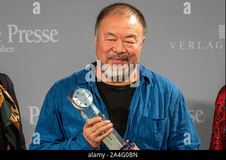 Passau, Germany. 14th Oct, 2019. Ai Weiwei, Chinese artist, presents his 'People in Europe Art Award'. The award is part of this year's series of events 'People in Europe' (MiE) of the Passauer Neue Presse (PNP). Credit: Armin Weigel/dpa/Alamy Live News Stock Photo
