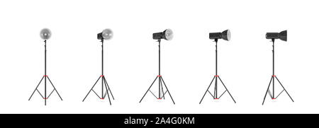 3d rendering of three lights with reflectors with the head turned down and up. Artificial lighting. Photo shoot light improvement. Best lighting equip Stock Photo
