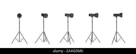 3d rendering of three lights with reflectors with the head turned down and up. Artificial lighting. Photo shoot light improvement. Best lighting equip Stock Photo