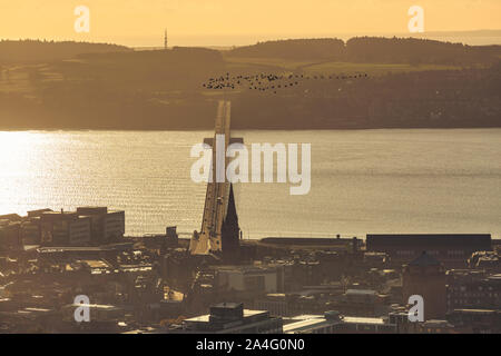 The Tay road bridge at sunrise from Dundee crossing over to Newport-on-Tay. Stock Photo