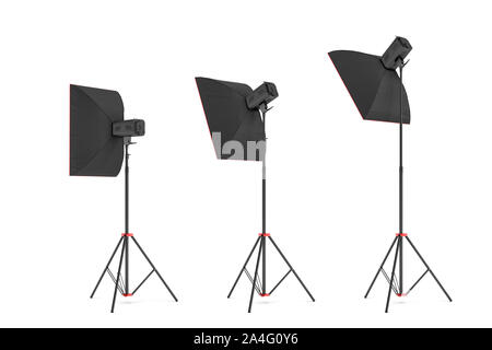 3d rendering of studio flash with small size softboxes stands turned down in several angles. Professional lighting gear. Photo shoot necessities. Prep Stock Photo