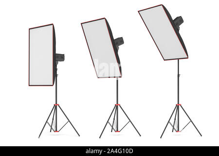 3d rendering of studio flash with big size softboxes stands turned down in several angles. Professional lighting gear. Photo shoot necessities. Prepar Stock Photo