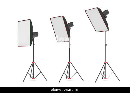 3d rendering of studio flash with small size softboxes stands turned down in several angles. Professional lighting gear. Photo shoot necessities. Prep Stock Photo