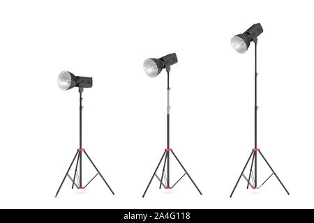 3d rendering of three lights with reflectors with the head turned down and up. Artificial lighting. Photo shoot light improvement. Best lighting equip Stock Photo