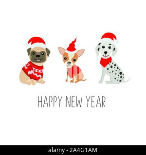 Happy New Year greeting card. Cute dogs in funny Christmas costumes. Isolated on white background. Stock Vector