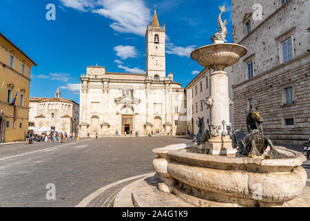 The Cathedral of St. Emidio and the Baptistery of San Giovanni in Arringo Square of Ascoli Piceno, Italy. Arringo Square is the oldest monumental square of the city Stock Photo