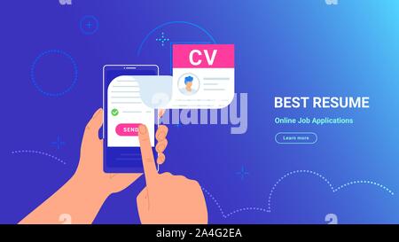 CV fulfilling and sending online using mobile app. Vector gradient illustration of human hand holding smartphone with complete resume flying out of sc Stock Vector