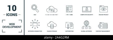 Web Development icon set. Include creative elements key search, seo, cloud storage, cloud management, network connection icons. Can be used for report Stock Vector