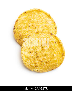 Round nacho chips. Yellow tortilla chips isolated on white background. Stock Photo