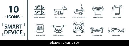 Smart Devices icon set. Include creative elements drone, smart car, smart house, solar battery roof, smart speaker icons. Can be used for report Stock Vector