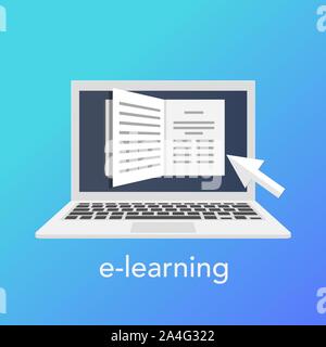 E-learning concept for online school. Vector laptop on the blue background Stock Vector