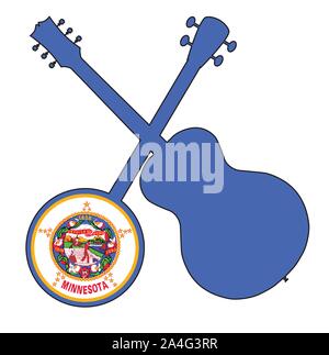 A typical four string banjo in silhouette with an acoustic guitar over the Minnesota state flag on a white background Stock Vector