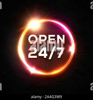 Open 24 7 hours Neon Sign. Glowing circle frame. Stock Vector