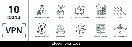 Vpn icon set. Include creative elements , archiving, site security, home server, cloud storage hacking icons. Can be used for report, presentation Stock Vector
