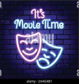 Cinema and Movie time neon signboard Stock Vector