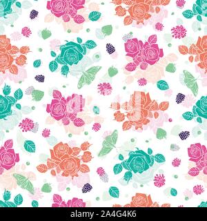 Vector white spaced out roses and berries seamless pattern. Colorful solid elements with slightly transparent layer background. Perfect for fabric Stock Vector