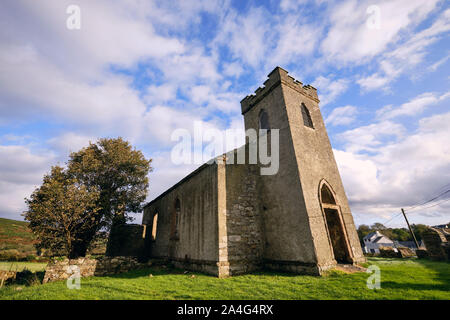 The restored roofless remains of St Columba Straid Church near Clonmany in Inishowen Stock Photo