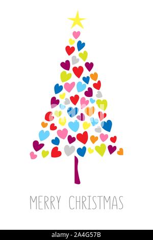 New Year tree made with hearts. Vector card with christmas tree made from hearts and dots. Abstract cute decorative illustration for invitation. Stock Vector