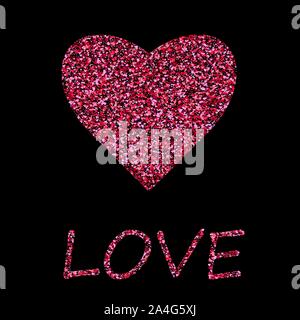 Poster with heart of red confetti, sparkles, glitter and lettering Happy Valentines Day in black frame, border on white background. Vector illustratio Stock Vector