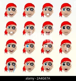 Set of cute pirate emoticons. Various emotions of the character. Set of avatar icons. Vector illustration. Stock Vector