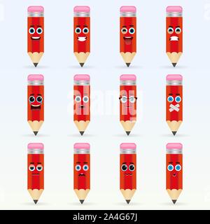 Set of cute pencil emoticons. Various emotions of the character. Set of avatar icons. Vector illustration. Stock Vector