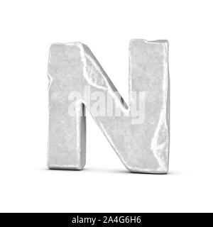 3D rendering of stone letter N isolated on white background. Figures and symbols. Cracked surface. Textured materials. Rock alphabet. Stock Photo