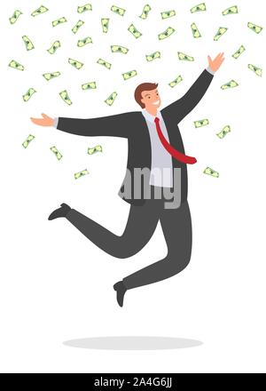 Joyful businessman jumping with happiness under falling money bills. Business success concept vector illustration in flat style. Stock Vector