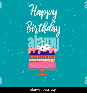 Happy Birthday card vector template with cake and candle. Stock Vector